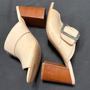 Matisse Beatrice Cream Leather Buckle Block Heel Mule Sandals Womens 7.5 M Fair